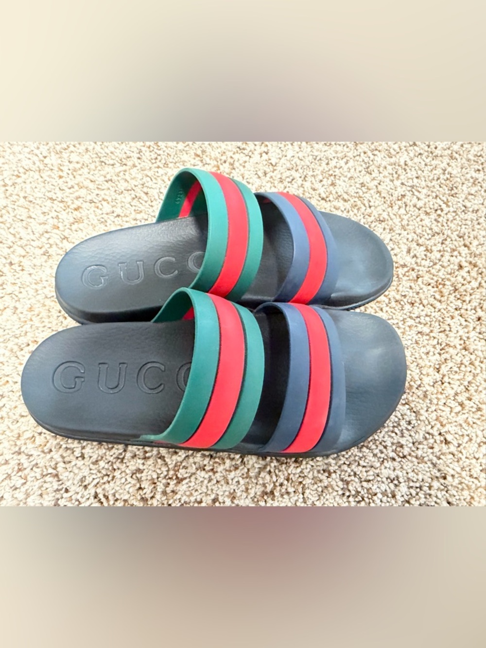 Gucci Black Slide Sandals with Green and Red Striped Straps